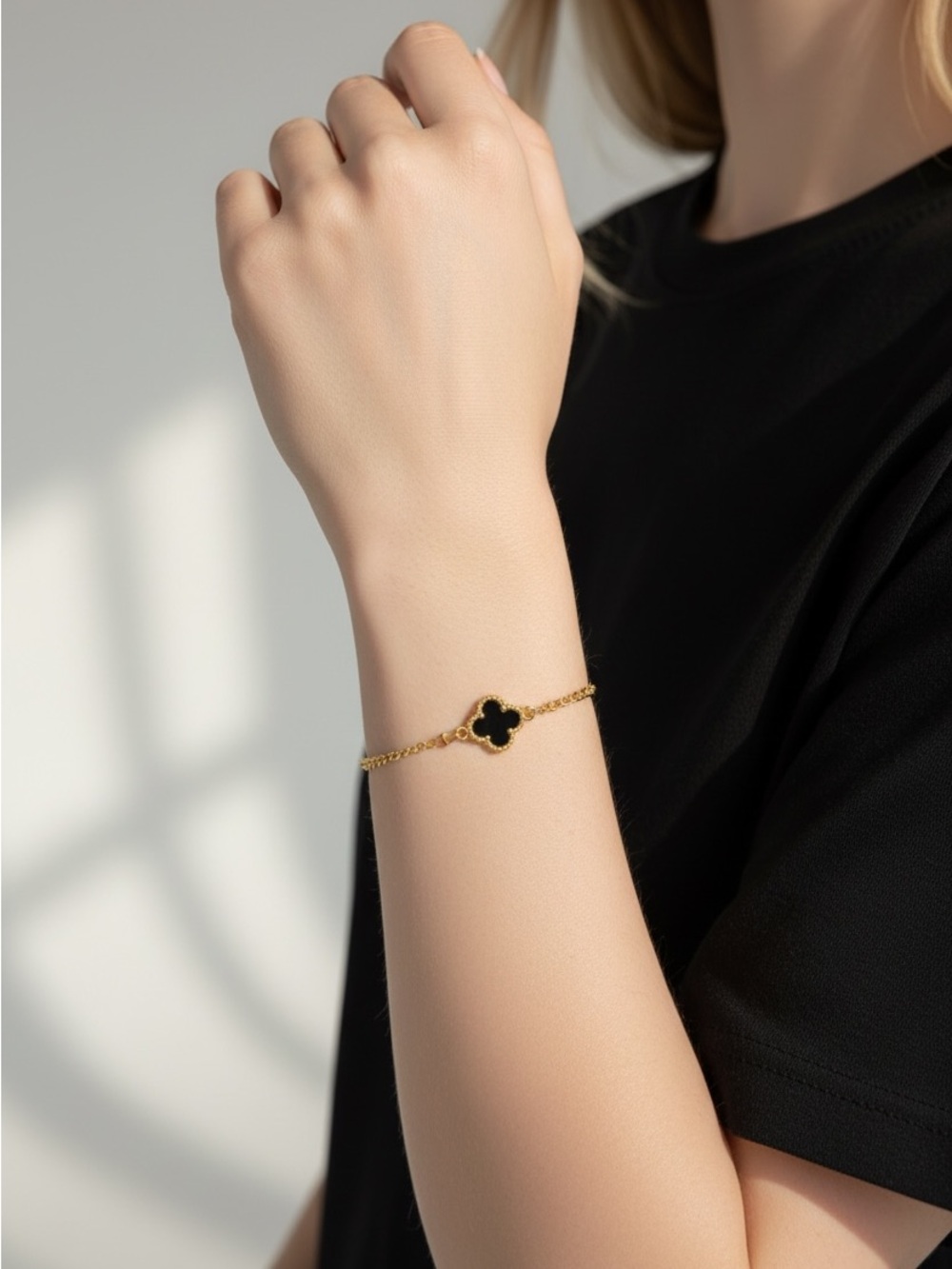 10/7 Elegant Gold Bracelet with Black Clover Charm - Women Jewelry